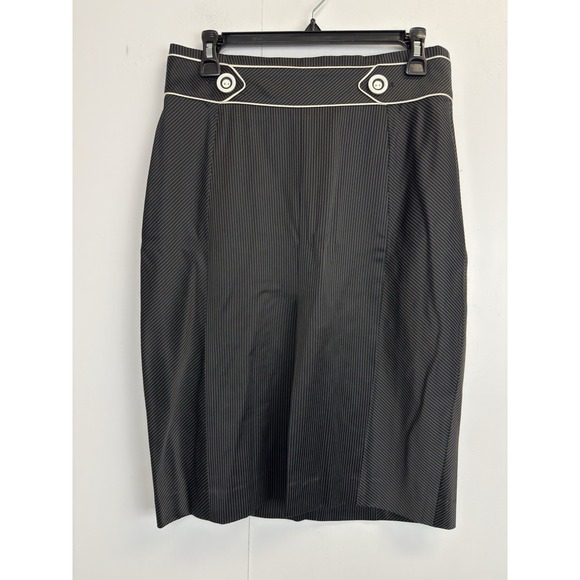 Y2K Vintage BEBE Skirt Suit Black Pinstripe Womens 10 White Piping Lined Blazer - Picture 3 of 16